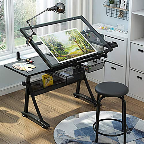 YSoLda Neigbarer Zeichentisch, Verstellbarer Kunstschreibtisch, mit Stauraum, Basteltisch, Zeichentisch mit Glasplatte, Zeichentisch für Kinder und Erwachsene Beautiful Scenery