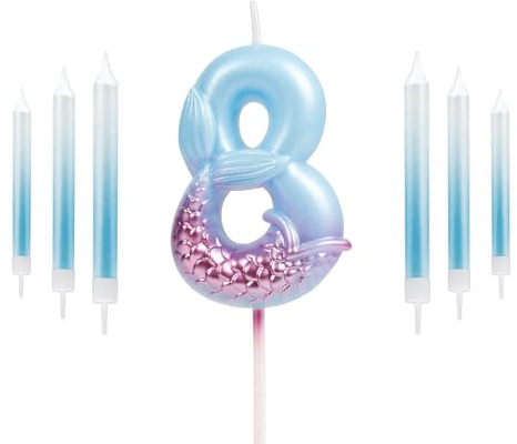 mciskin 7 pièces La sirène Bougies numériques,Bougies d'anniversaire Numéro 8,3D Bougie Chiffre,sirene Decoration Gateau Anniversaire,Bougies Gâteau Topper Decoration,Pour Les Enfants, Adultes