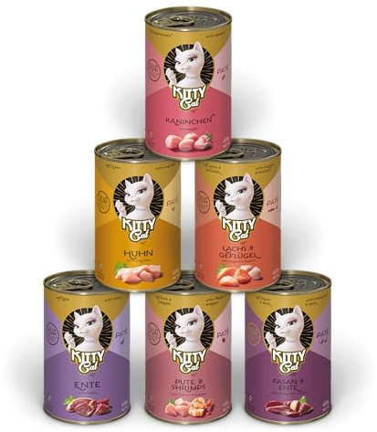 KITTY Cat Paté Mix 3, 6 x 400 g, Nassfutter für Katzen im Probierpaket, getreidefreies Katzenfutter mit Taurin, Lachsöl und Grünlippmuschel, Alleinfuttermittel mit hohem Fleischanteil, Made in Germany