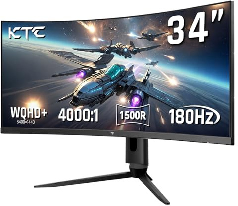 KTC 34 Inch Ultrawide Monitor, 180Hz WQHD 3440X1440 Curved Gaming Monitor, 1500R PC Monitor, HDR, FreeSync & G-Sync, HDMI, DisplayPort, VESA, Tilt Swivel Height Pivot Adjustment, H34S18S
