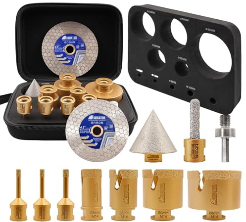 SHDIATOOL Jeu de mèches diamantées 10pcs (6/6/8/25/35/50/68MM+10mm Courbe Fraise à doigts+50mm Mèche à chanfrein+Hex+115mm Lame de scie) Kit de sciage de trous Mèches pour carrelage Filetage M14