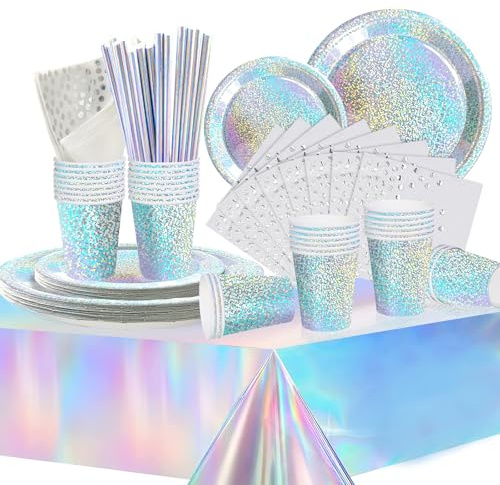 Party Supplies,Silver Dots Birthday Decorations Party Tableware Set | Contain Plates Tablecloth Cups Napkins Paper Straws for Baby Shower Birthday Wedding Partys Anniversary(16 Guests)
