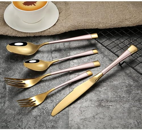 Mecmoc Ensemble de Couverts en Argent Rose avec poignées colorées Ensemble de Vaisselle élégant Fourchettes à dîner Couteaux de Table Pièce Couverts Modernes en Acier Inoxydable doré S