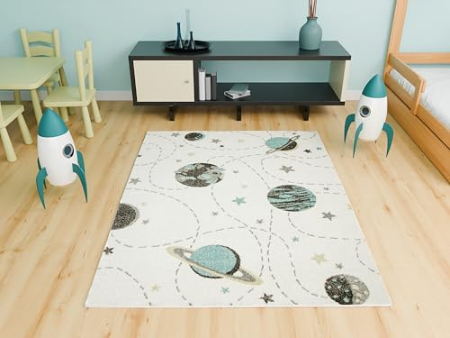 AKCILA Lima Cremig Planeten,Kosmos 160x230cm,Kurzflorteppich Schlafzimmer,Kinderzimmer Teppich,Babyzimmer Tepich,Teppiche Gegend, Dekorativ Kids Carpet,Kinderteppich,Spielteppich Kinder,Teppich Jugend