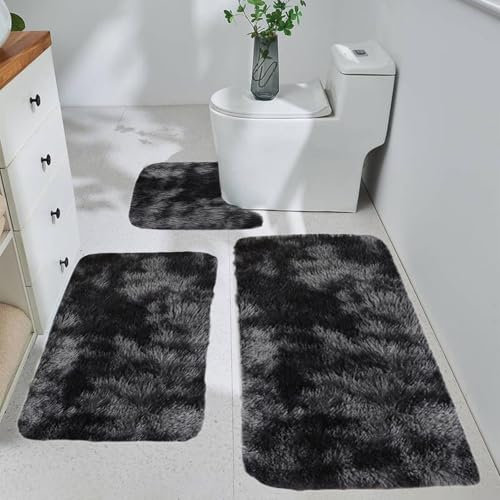 Bath Mat Set 3 Piece - Thick Bathroom Rug Soft Bath Mat For Bathroom Non Slip Machine Washable Toilet Carpet Microfiber Absorbent Bath Rug For Bath Room, Shower, Bathtub
