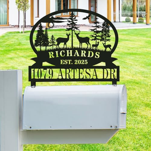 Custom Address Sign for Mailbox Topper - Personalized Oval Deer Metal Cabin Mailbox Sign - House Number Mailbox Topper - Personalized Outdoor Decor (Mailbox and Post NOT Included)