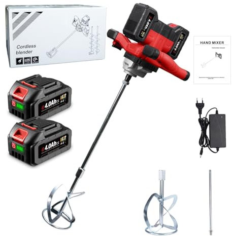 ONEVAN miscelatore per malta a bateria, 40V betoniera elettrica senza spazzole con 2 batterie da 4000 mAh, cambio a 6 velocità, miscelatore cemento senza fili per vernice, intonaco, cemento, malta