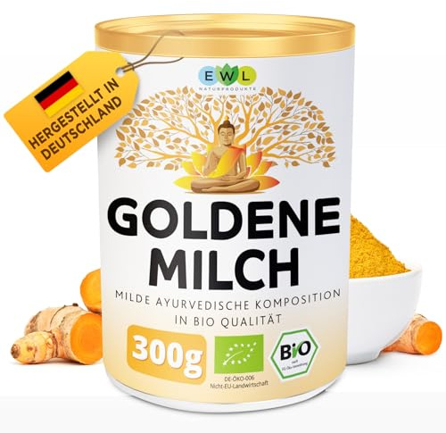 EWL BIO Goldene Milch 300g | Golden Milk mit Kurkuma & Ashwagandha | Dose | ergänzt durch Ingwer, Ceylon Zimt, Ceylon Pfeffer & Kokosblütenzucker I Kurkuma Latte bio mit Dosierlöffel