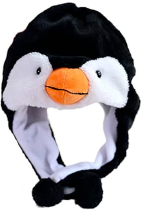 CHUNLINLAODA Pinguin-Plüschmütze, Plüschtiermütze, Pinguin-Ohrenklappe, Pinguine, Plüsch, Tier, Winter, niedliche Skimütze, Plüschmütze, Cartoon-Ohrenklappe, Winter, Ski, Flieger-Stil, Kapuze (Schwarz