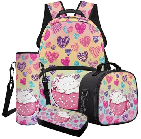 Poceacles Ensemble sac à dos 4 pièces pour fille - Sac à déjeuner - Trousse à crayons - Porte-bouteille, Tasse à thé avec motif chat blanc dégradé, Taille unique, Ensemble cartable