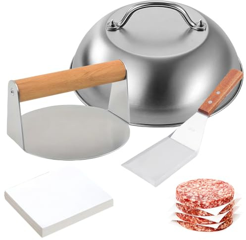 LEKEFETO Smash Lot de 3 presses à hamburger avec presse à hamburger ronde de 5,5, presse à hamburger ronde, cloche à hamburger et spatule pour barbecue et 100 papiers à pâte à viande, ustensiles de