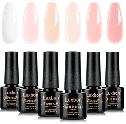 Luxbon 5 IN 1 Set di Rubber Base Gel Smalti Semipermanente per Unghie in Gel, 6 colori Apex Building Smalto gel nudo autolivellante rosa pesca Neutro trasparente UV LED Soak Off Kit 008