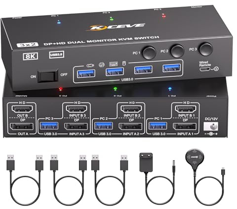 8K@60Hz HDMI Displayport dubbel skärm KVM-switch, ESKEVE KVM-switch 3 PC 2 bildskärmar dela 2 bildskärmar och 4 USB-enheter, med strömförsörjning, kabelfjärrkontroll och 3 USB-kabel