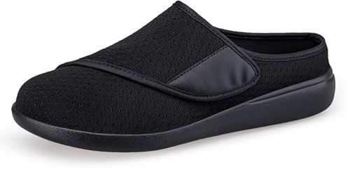 Yeeteepot Hausschuhe Damen Herren Verstellbare Diabetiker Schuhe Klettverschluss Sandalen Leichte Weit Walkingschuhe Gesundheitsschuhe Slip On Pantoffeln Schwarz 43 EU