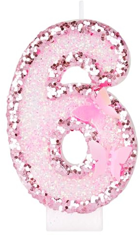 Alaoo Butterfly Birthday Candles, Pink Number 6 Candle Glitter 6th Number Candle 6th Cake Topper for Girls Butterfly Theme Party Themed Birthday Decorations Party Supplies