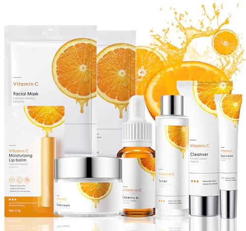 Vitamin C Skincare Set 8PCS, Gesichtspflege Hydrating Beauty Pflegeset, Falten Glätten Geschenkset für Frauen, Hautpflege Set mit 2x Maske, Cleanser, Lip Balm, Toner, Serum, Eye Cream, Gesichtscreme
