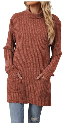 Gefomuofe Pull long à col roulé pour femme - Pull en tricot surdimensionné - Élégant - Automne - Tunique - Pull d'hiver