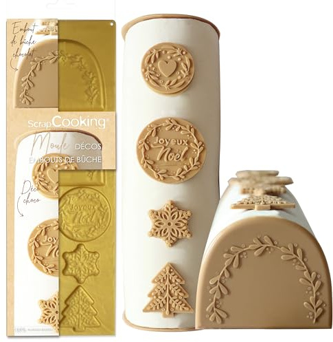 ScrapCooking - Moule Décos & Embouts pour Bûche de Noël - Moule en Silicone - 32 x 11 cm - Sapins, Flocons - Pâtisserie Dessert Noël Réveillon - Doré - 2973