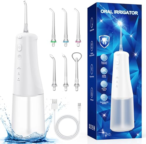 TeethBliss irrigador dental Portatil Irrigador Bucal: Irrigador Dental Inalámbrico Profesional 6 Boquillas 3 Modos, IPX7 Impermeable USB-C Recargable Para Limpieza Dientes, Para el Hogar y los Viajes
