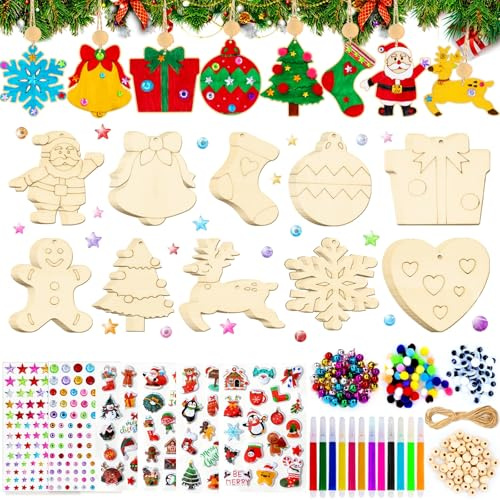 Holzanhänger Weihnachten Bastelset zum Bemalen mit 358 Teile Bastelzubehör | Basteln Weihnachten Kinder, Weihnachtsdeko zum Basteln mit 70 Christbaumschmuck Weihnachtsanhänger Holz, Farben und Zubehör