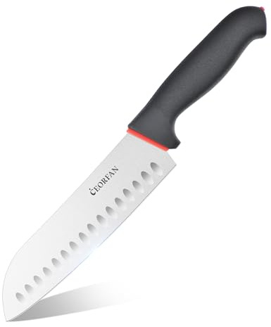 7 Inch Japanese Santoku Knife, Razor Sharp German X50CrMoV15 Steel Sushi Knife with Ergonomic Handle, Perfect for Slicing, Dicing & Chopping Vegetables, Fish & Meat
