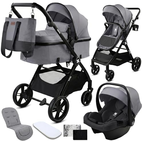 Twinly Carrito de Bebe 3 en 1 – Carro Bebe 3 Piezas Convertible con Grupo 0 (i-Size), Capazo y Silla de Paseo – FABULY – Plegable y Ligero con Bolso, Plástico Lluvia y saco – (Gris)