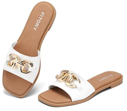 FITORY Women Flat Sandals Slip On Leather Slide Summer Pure White Size 6