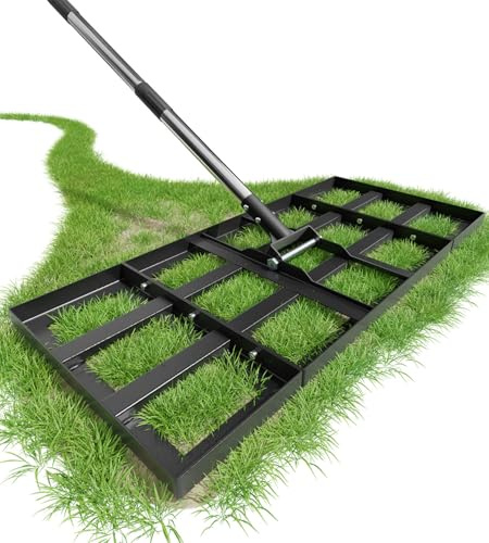 Rasenrakel 75x35cm mit Verstellbarer Länge, Rasen Rakel mit 1,8m Edelstahlstiel, Robuster & Kraftsparender Boden Rasenrechen, Perfekte Düngerverteilung für Garten Hof Golfplatz, zum Einebnen von Erde