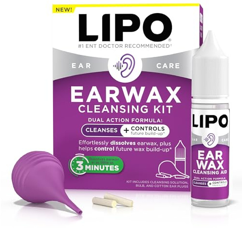 Lipo Earwax Cleansing Kit – Earwax Cleansing Aid Drops, Bulb Syringe & Cotton Ear Plugs, Fast-Acting Earwax Removal, Peroxide-Free, Safe & Gentle Ear Care Solution | Cleaning for Clogged Ears, Peroxide-Free, Gentle Care, Daily Hygiene & Build-Up
