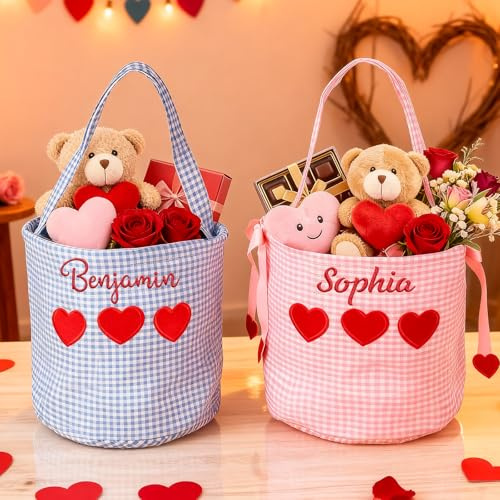 UIDMEN Personalized Valentine's Day Basket, Heart Bucket Bag with Embroidered Name, Valentine's Day Easter Gifts, School Card Exchange Basket, V-Day Decor, Gifts for Kids, Family, Friends, Wife
