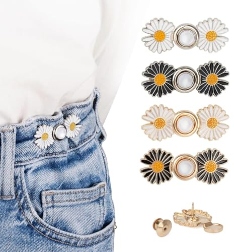 Generic 4 Sets Jeansknopf Pins mit Daisy Design, verstellbare Hosen-Taillenversteller für zu weite Jeans, nähfrei und werkzeuglos, Hosenbund-Verkleinerer für Damen und Herren
