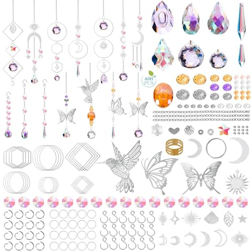 JYUHA 406 PCS Suncatcher Crystals Craft Kit, Rainbow Suncatcher Making Kit | Crystal Hanging Ornament Sun Catcher with Moon Star Sun Pendants Silver Chain Hook Accessories, for Window Garden Home Decor