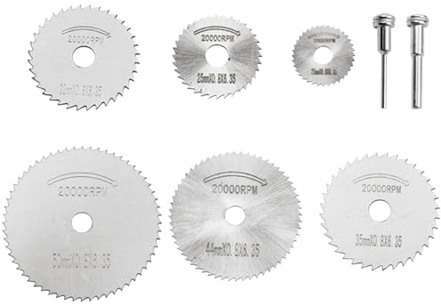 Juego de 8 Piezas Discos de Corte de Acero Rápido para Herramienta Rotativa, 6 Hojas HSS (22/25/32/35/44/50mm) y 2 Mandriles Rectos, Accesorio Multifuncional para Corte de Madera