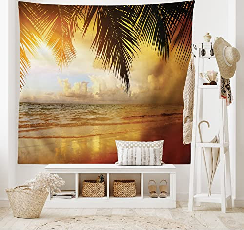 ABAKUHAUS Strand Wandteppich, Sonnenuntergang Karibik Palmen, Wohnzimmer Schlafzimmer Heim Seidiges Satin Wandteppich, 150 x 100 cm, Dunkelorange Babyblau Gelb