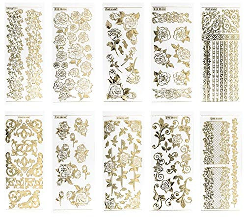 Ideen mit Herz Gravur-Sticker, transparent/gold, 10 Bogen à 10 x 23 cm | Goldene Aufkleber zum Basteln & Dekorieren | Geburtstag, Weihnachten, Rente & mehr (Rosen)