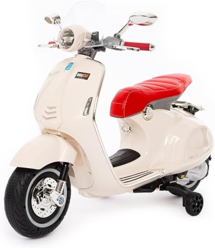Babycar Vespa Elektrisch für Kinder | Kinder Motorrad Elektrisch 12V im Vespa 946 Stil mit Lichtern, Integrierten Sounds, MP3/USB und Stabilisator-Rädern | 2 Motoren à 25W mit Pedal-Gas | Weiß