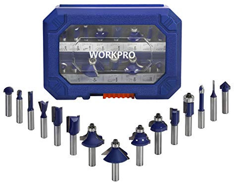 WORKPRO Brocas para Fresadora 15-piezas, Accesorios para Fresadora con Vástago de 8 mm, Brocas de Acero de Carburo con Caja Portátil, Brocas para Esquinas y Ranuras, Fresas para Perforar Madera