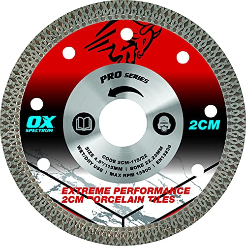 OX Pro 2CM Porcelain Cutting Diamond Disc 115mm for Angle Grinder | Ceramic, Stone, Tiles & More, Diamond Mesh Segment Min Chipping, Cooling Holes, Fits Angle Grinders, Tile Saws, Disc Cutter