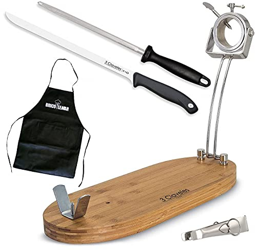 Bricolemar Kit Jamonero Giratorio Plegable Ovalado Metal/Bambú + Cuchillo Jamonero Evo con Chaira + Pinza de Jamón + Delantal Negro de Regalo (Soporte + Set Cuchillo Evo y Chaira + Pinza + Delantal)