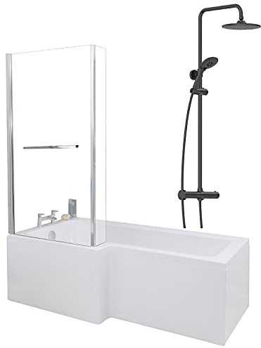 1700 x 855mm Left Hand L Shaped Shower Bath Bathroom Bathtub Glass Shower Screen with Rail Front Panel & Thermostatic Mixer Shower Set Handheld Black Round Rainfall Head