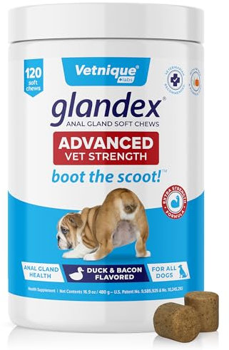 Vetnique Labs Glandex Advanced Strength Analsack Soft Kausnacks mit Ballaststoffen für Hunde, Verdauungsenzyme, Probiotika - Vom Tierarzt empfohlen Vegetarische Ente & Speck… (120ct Chew)