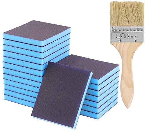 Glarks El kit de esponja de lijado de grano 150 incluye 20 bloques de lijado reutilizables y lavables de 120 x 100 x 12 mm, con 1 cepillo de pintura para madera, metal, pintura y paneles de yeso