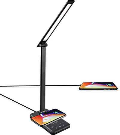 TEKLED® LED Desk Lamp with Wireless Charger | 5-Level Dimmable Flexible Gooseneck | Capacitive Touch Switch | USB Charging Port | Eye Protection Bedside Reading Office Work Students | 10W 42 LED 350LM