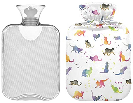 Wärmflasche 2L mit Abdeckung, Regenbogen Katze Niedlich Kitteb Wärmbeutel zur Schmerzlinderung Handfüße Wärmer Winter