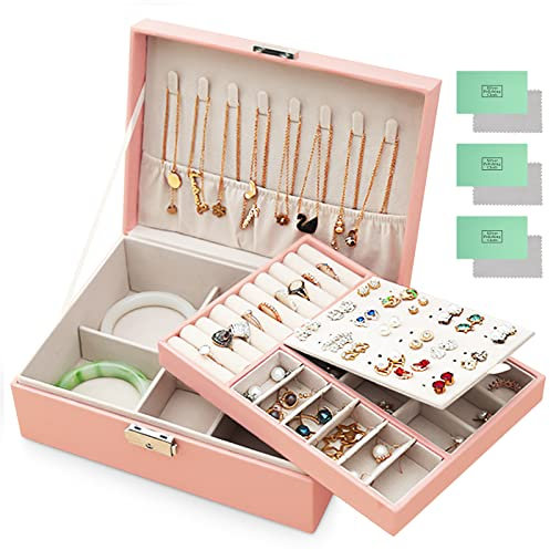 JOTOL Scatola Portagioie Donna Ragazza con Serratura da 2 Strati Organizer Salvaspazio, Inclusi 3 Panni per Lucidare l'Argento, Portagioie per Riporre Anelli/Collane