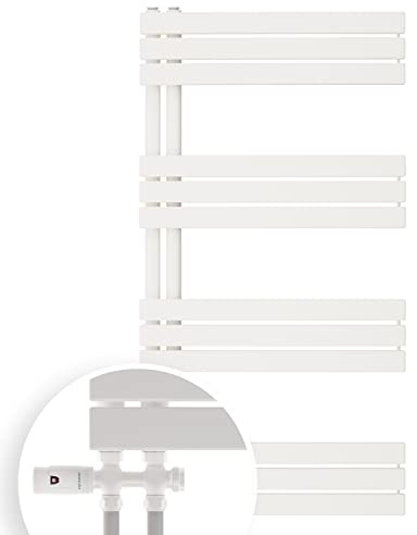 Aquabad Badheizkörper Fornax, moderner Handtuchwärmer fürs Badezimmer inkl. Multiblock Durchgangsform, Größe: 60 x 115 cm, Heizleistung 593 Watt, Farbe: Weiß, seitlich versetzter Mittelanschluss 50mm