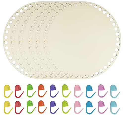TTYSHIP® 6 Stück Korbboden, 20cm Korbboden zum Häkeln, Runde Naturholzkorbboden mit 20 Farbigen Maschenmarkierer für DIY Korbflechten Handwerk