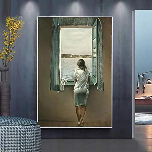 GEMMII Salvador Dali Gerahmtes Kunstdrucke auf Leinwand- Frau am Fenster, Leinwandgemälde, Poster und Drucke, Wandkunst, Bilder für Wohnzimmer, 62 x 92 cm, Rahmen