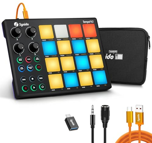 Synido TempoPad P16 MIDI Pad Controller Portable Beat Pad Maker Machine | Nicht eigenständig nutzbar, kompatibel mit gängigen DAW‑Programmen, berührungsempfindliche Drum‑Pads, 4 Endlos‑Drehregler
