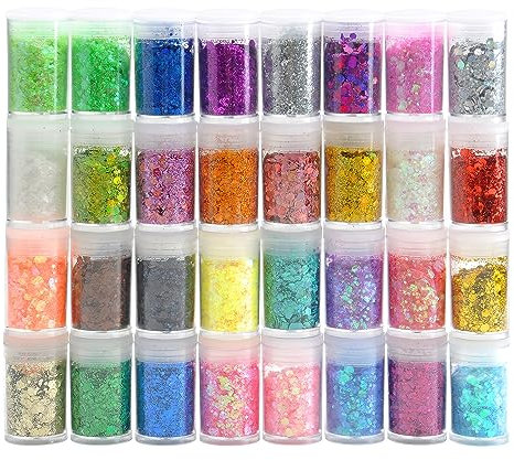 32 Stück Bastel Glitzerpulver Set Fein Glitzerpulver und Klobig Glitzer DIY Basteln Glitzers, Körper Nägel Glitzer für Epoxidharz Dekoration, Karten, Papier, Masquerade, Nagelkunst